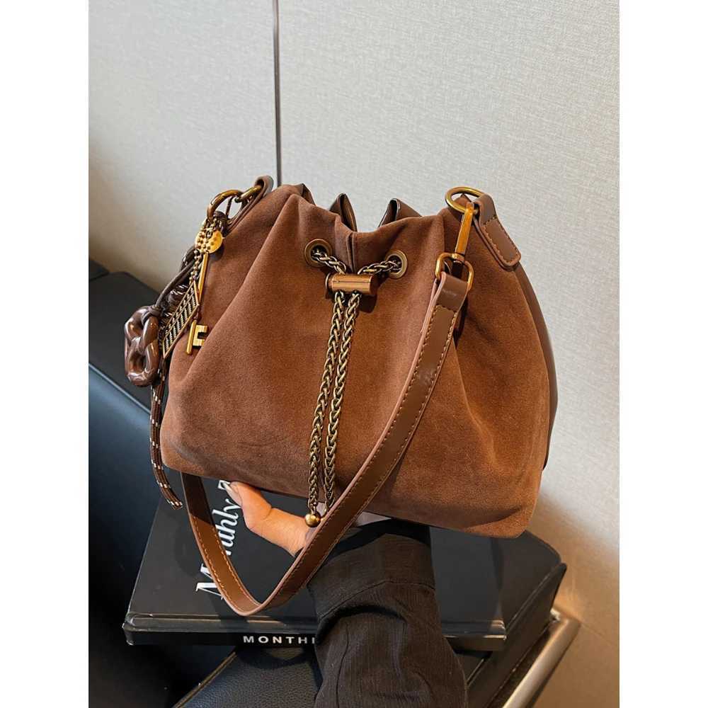 Women Vintage One Shoulder Bag Frosted Solid Drawstring Soft All-Match Bucket Bags High-Grade Versatile Commute Crossbody Packs