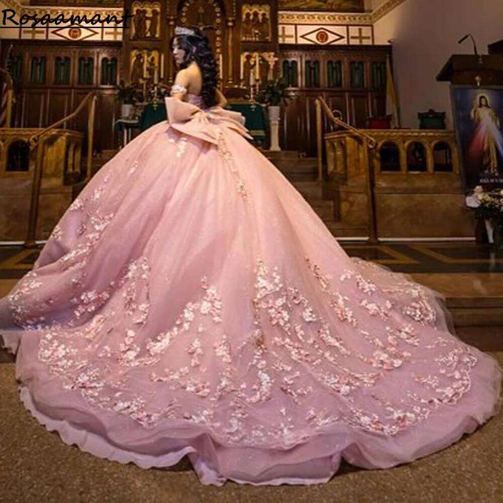 Pink Quinceanera Dress Ball Gown Shiny Applique Beading Bow Mexico Corset Sweet 16 Vestidos De 15 Anos