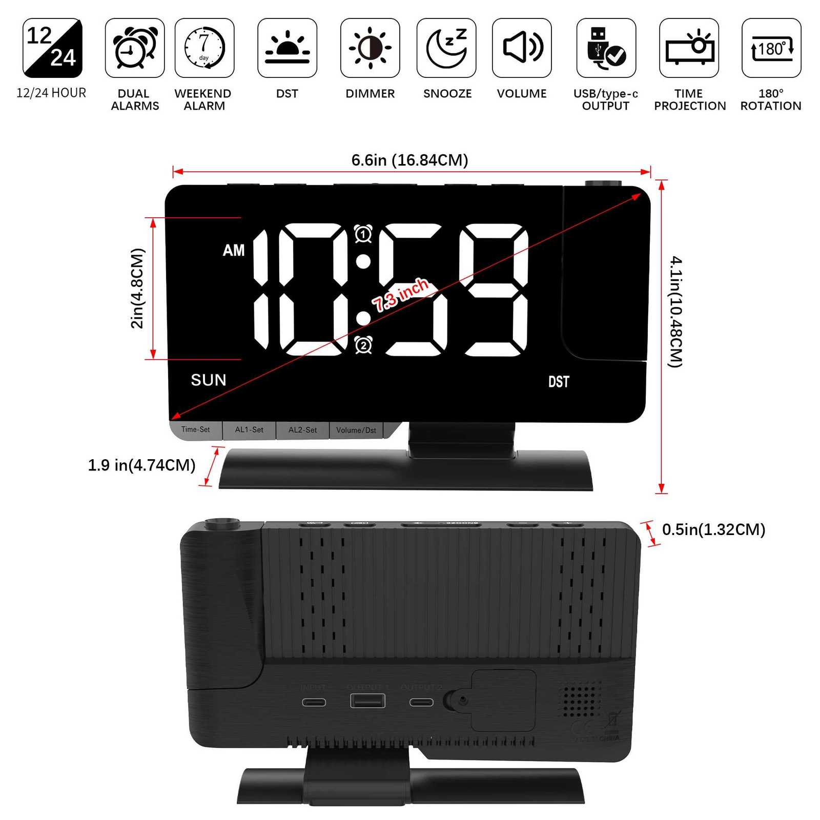 Office Student LED Projection Alarm Clock 180 Rotating Digital Clock Weekday/Weekend Mode Dimmer Multifunctional M251205 - view 7