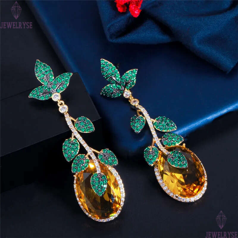 Luxury Vintage Charm Leaf Designer Earring for Woman Party Yellow AAA Cubic Zirconia South American Copper Long Womens Diamond Earrings Jewelry Girlfr