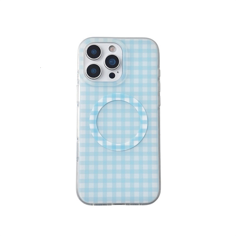 Korean Style Magnetic Solid Color Plaid iPhone 17 Apple 16 Pro Max Phone Case for Women 15/14 Rounded Edges