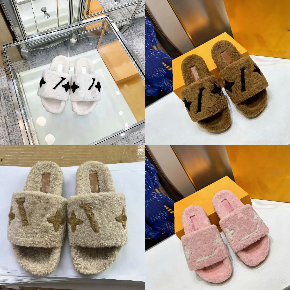 Designer Slippers Warm winter slippers Open-toe slippers Lamb Chunky plush slides wool slippers Students Indoor lounging Platform Sandals big sizes