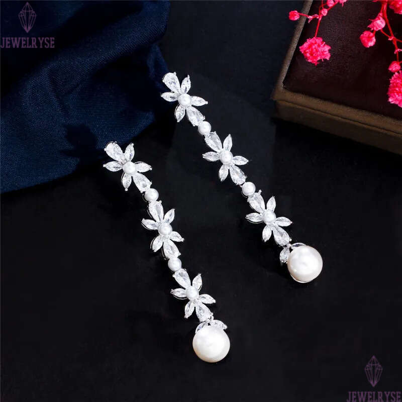 Luxury Long Dangle Charm Faux Pearl Bridal Earrings Wedding Designer Earring for Woman White AAA Cubic Zirconia Drop Leaf Womens Engagement Jewelry Gi
