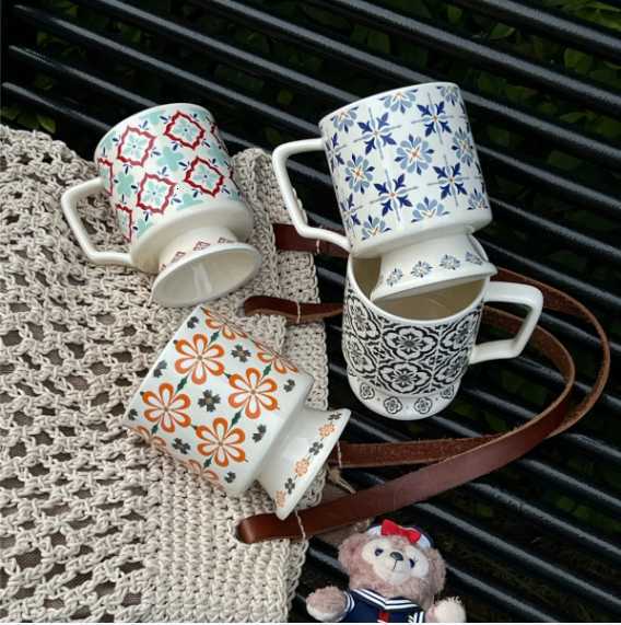 mug with creative floral tile pattern, ceramic drinking cup, large capacity, milk cup for home use, high-foot breakfast cup C251205