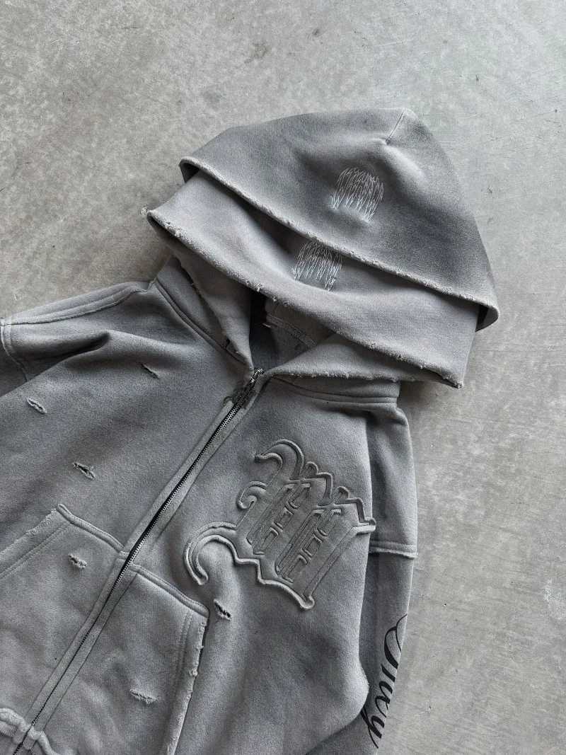 Gothic Distressed Zip Up Hoodie Set Men Women Retro Handwritten Text Print Casual Set Street Style Fashionable Couple Casual Set X251205