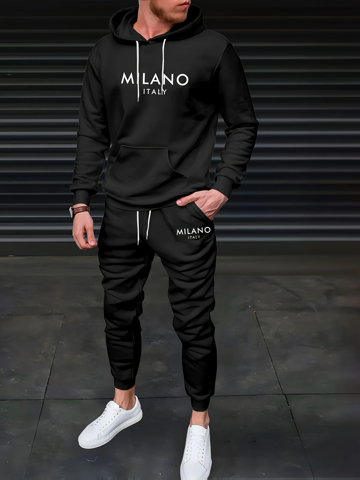 Mens Autumn/Winter Casual Warm MILANO ITALY Letter Printed Loose Thick Velvet Sports HoodieSweatpants Set 251204