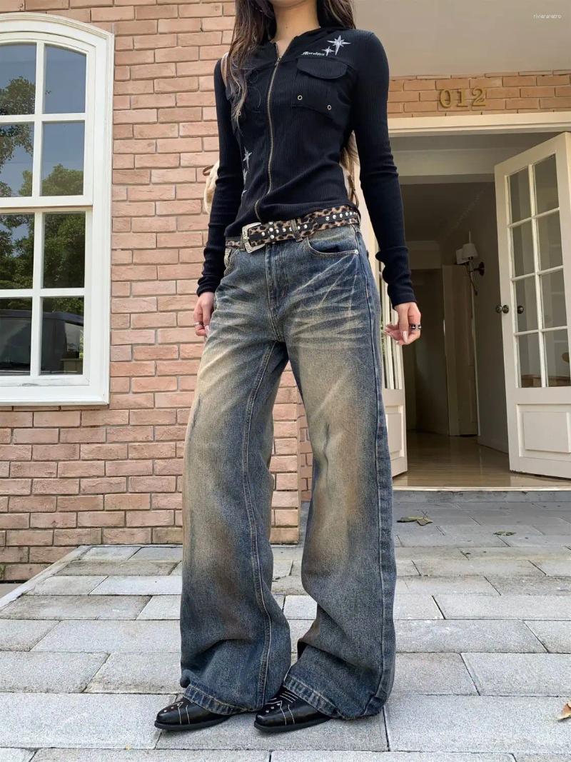 Women's Jeans Retro Punk Goth Washed Women Y2K Streetwear Distressed Dirty Dyed Harajuku Street Loose Casual Straight Wide Leg Z260313