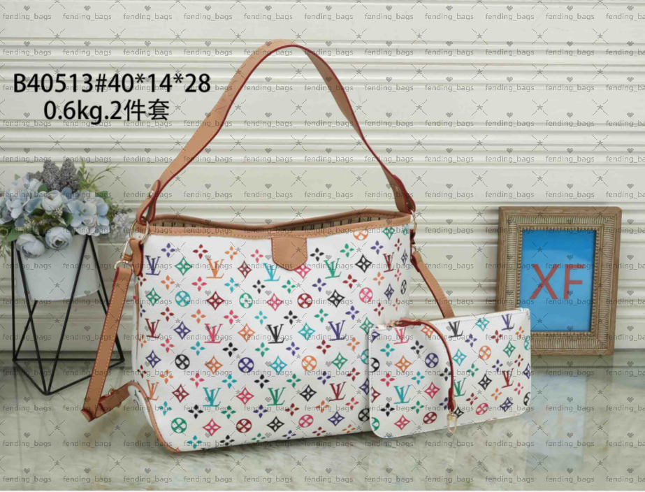 Tote bag designer bag 2-piece Set shoulder bag leather fashionable women's bag large capacity composite shopping bag old flower brown letter bag