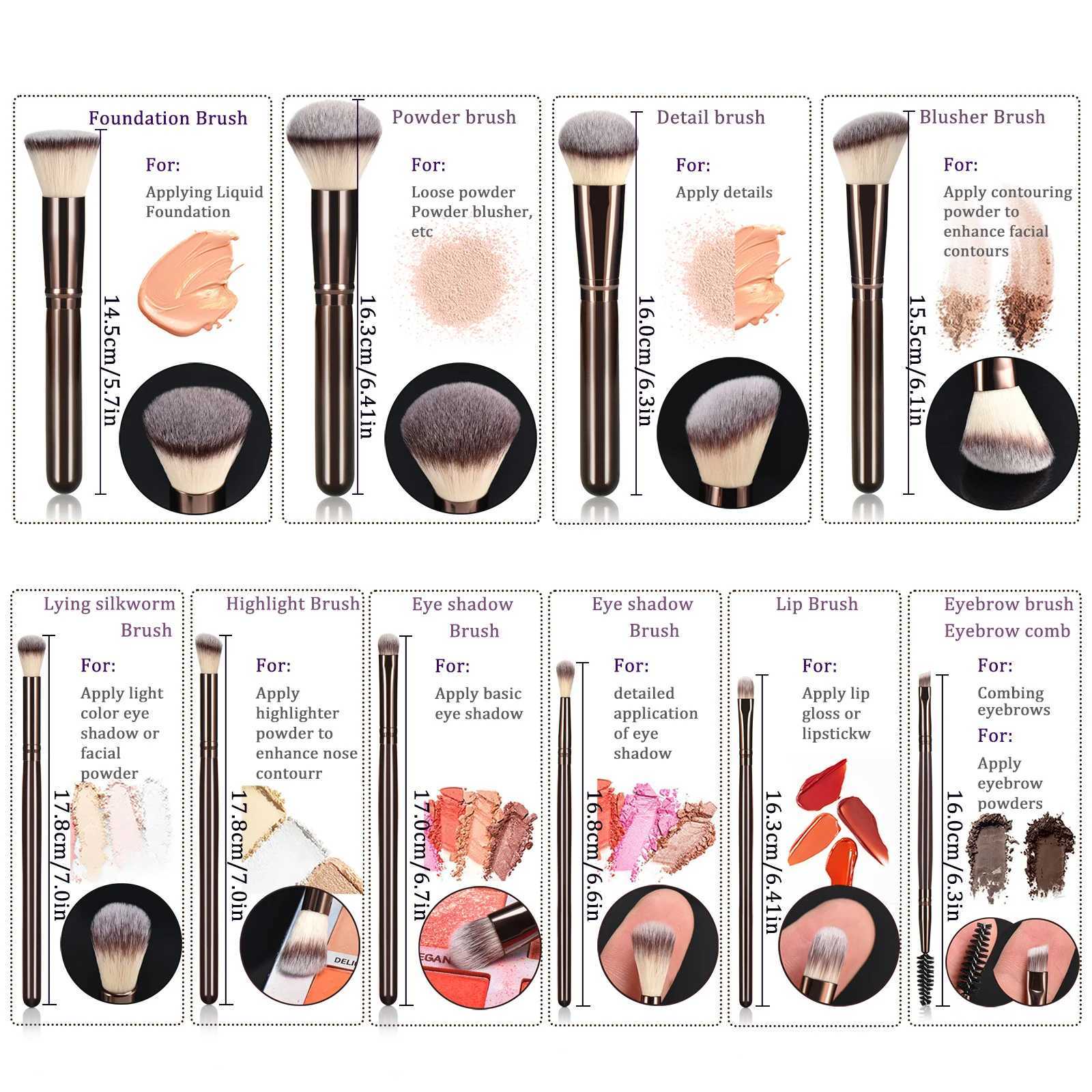 Coffee-Colored Makeup Brush Set with Wooden Handles 10-Piece Ladies Cosmetic Tools including Makeup SpongesT251205