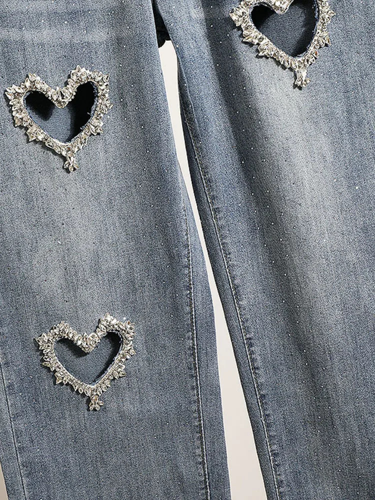 High Street Spring Autumn Loose Slimming Straight High Waist Jeans Wide Leg Pants Women Heart Shape Diamond Denim Baggy Trousers 251204