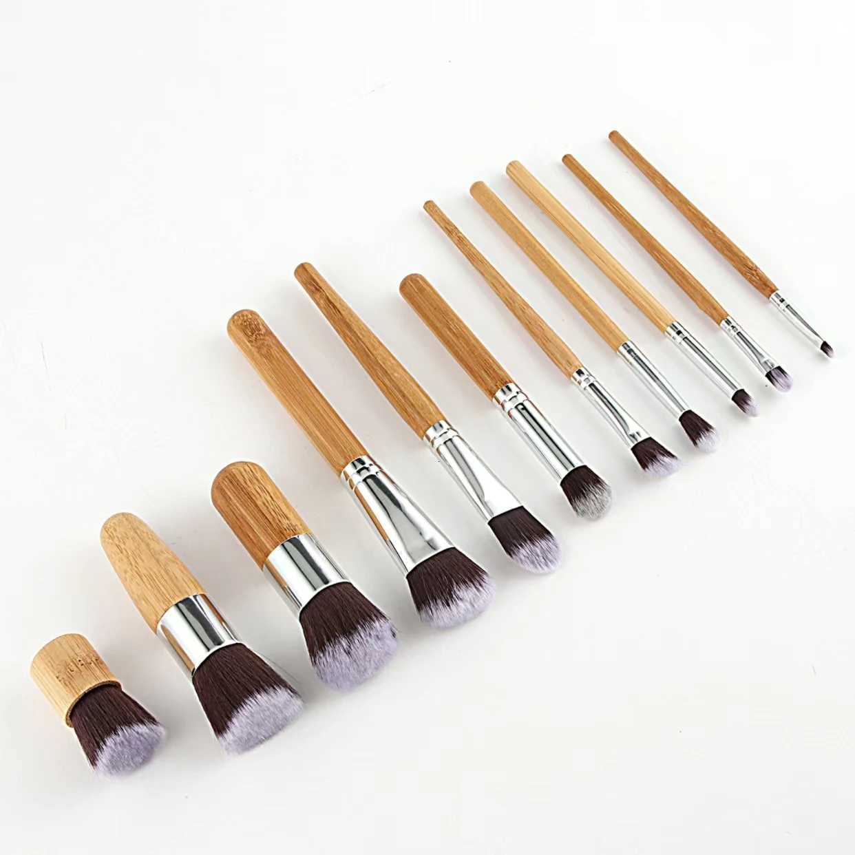 11pcs Natural Bamboo Handle Makeup Brushes Foundation Blending Make Up Tool Set With Cotton BagT251205