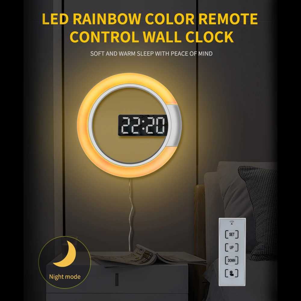 LED Mirror Hollow Wall Clock with Remote Control Round Digital Alarm Clock Wall Decoration Light 7 Color Night Light 12/24H Mode M251205 - view 3
