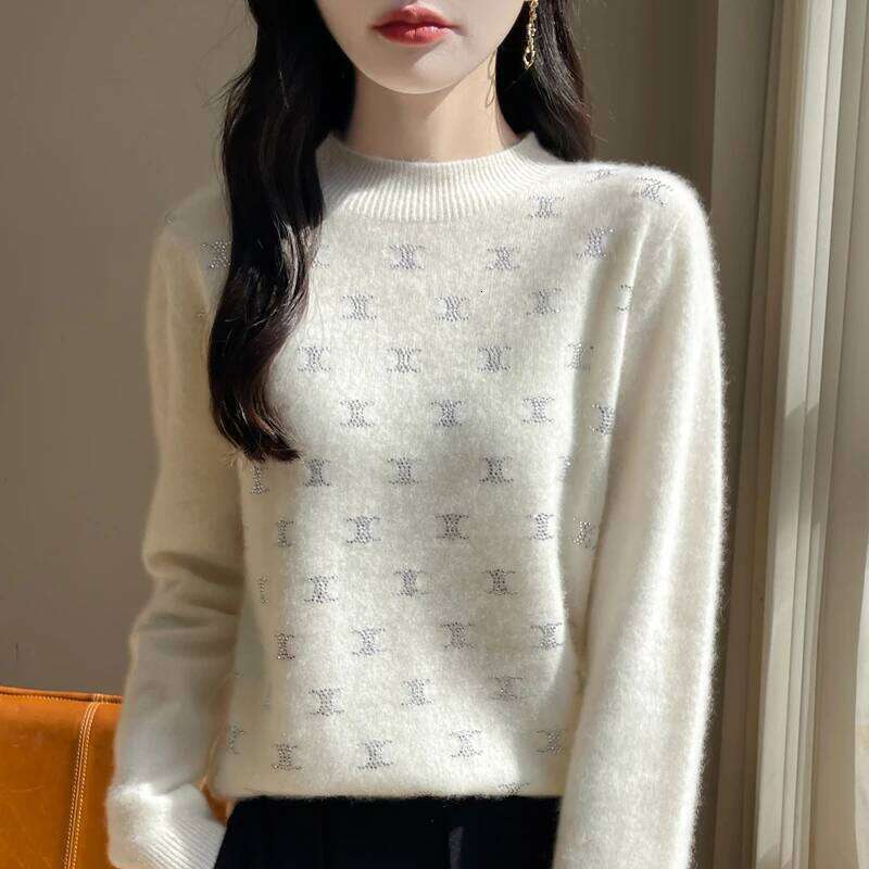 Women Fine Thickening Sweater Half-High Collar Leaf Studded With Diamonds Pullover Female Knitted Basis Tops Autumn Winter