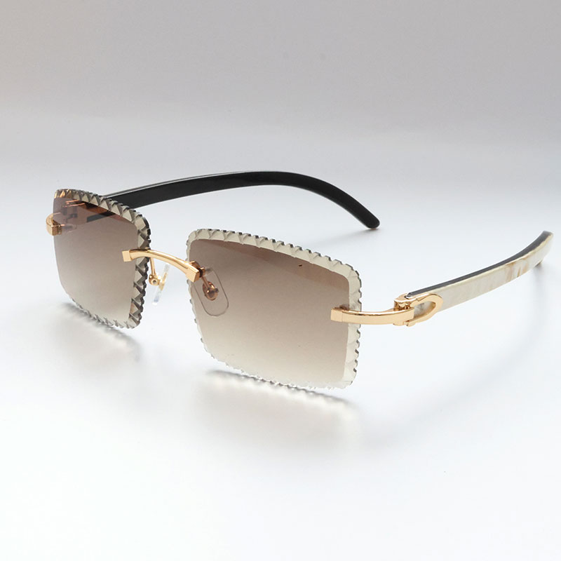 White Interior Original Buffalo Horn Frame Squared Sunglasses Diamond cut Lens Rimless Sunglasses Square with Clear Crystal Detailing