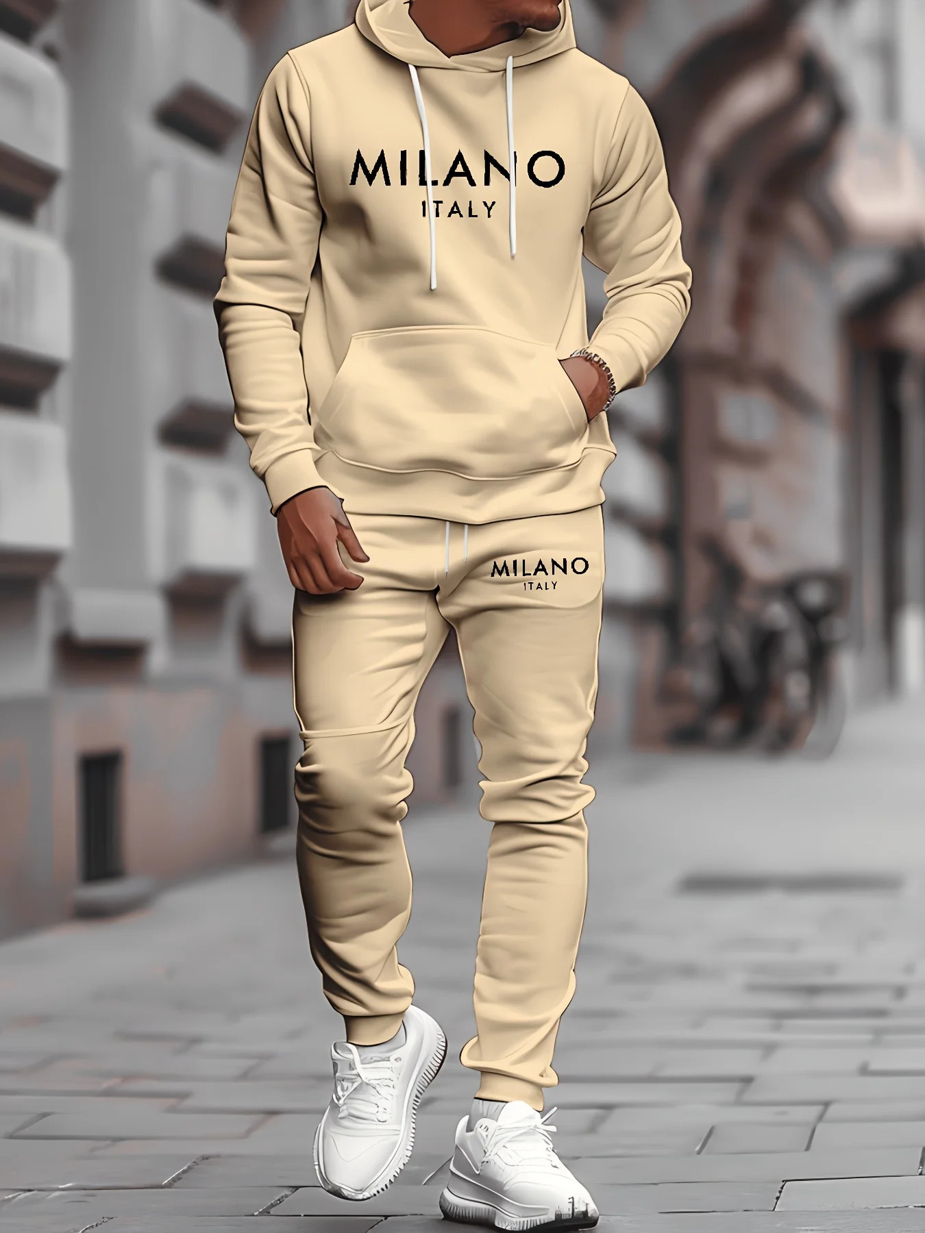 Mens Autumn/Winter Casual Warm MILANO ITALY Letter Printed Loose Thick Velvet Sports HoodieSweatpants Set 251204