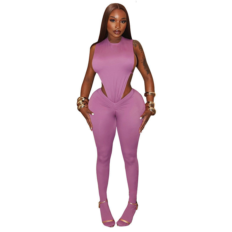 J25ST290 Hot Girl Womens Sleeveless Side Hollow Out Bodysuit Tight Long Pants Two-Piece Set 240808