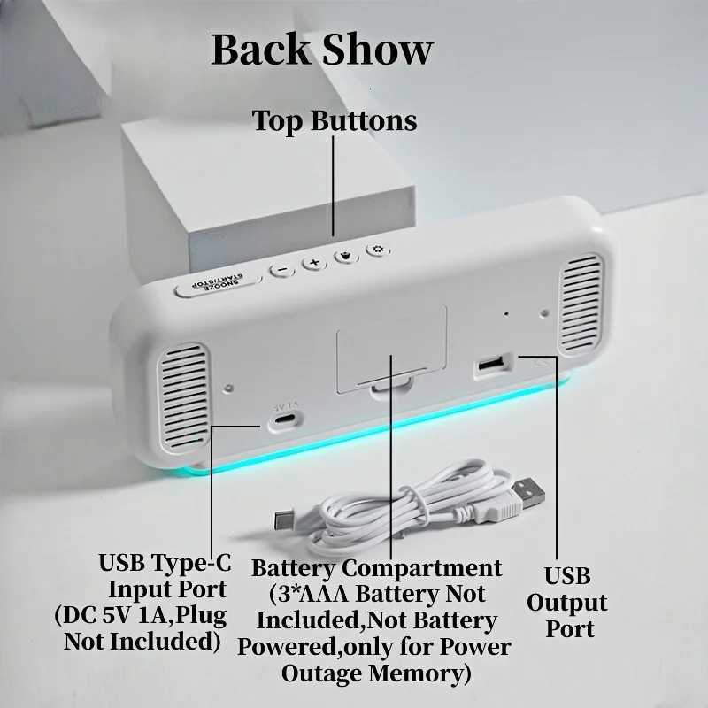 USB Powered Digital Alarm Clock with RGB Mood Light TEMP Date 2 Alarms Snooze Table Clock 12/24H Auto Dimmable Timer LED Clock M251205 - view 4