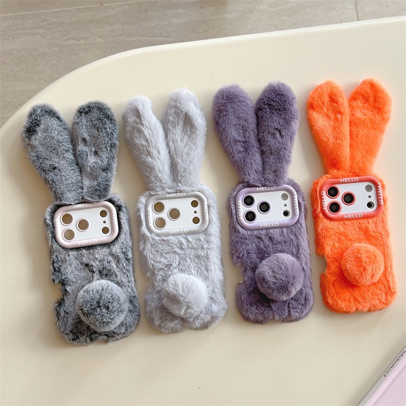 Autumn and Winter Plush Bunny Ears Compatible with iPhone 17 Pro Max Apple 16 Phone 15 Solid Color Hand Warmer Case 14