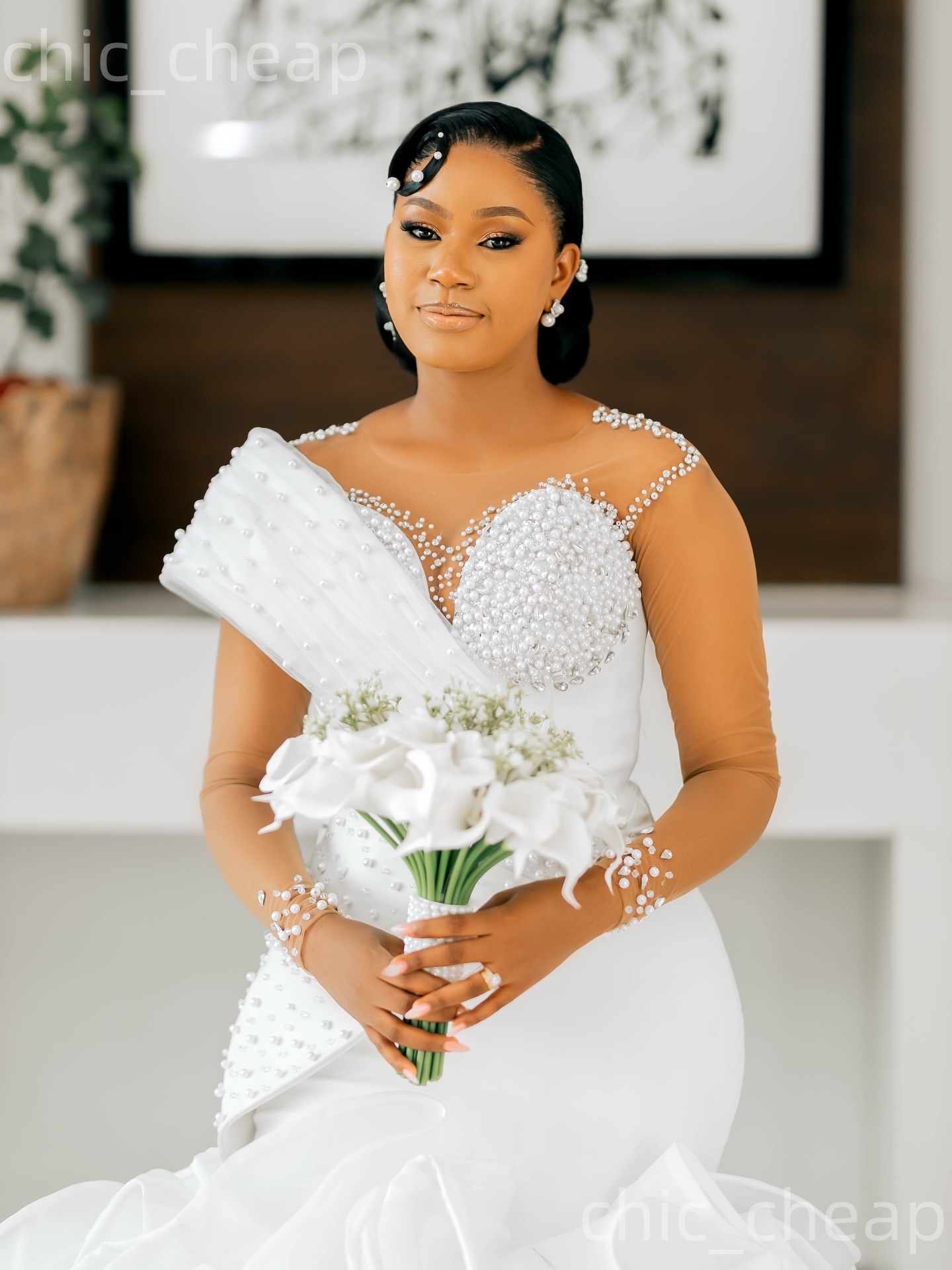 2026 Arabic Aso Ebi Plus Size White Wedding Dresses Sheer Neck Full Sleeves Pearls Organza Tiers Elegant Bridal Gowns Dress For Brides ZJ2055