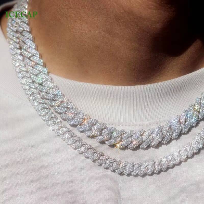 In Stock VVS Moissanite Diamond Brilliant Cut 925 Sterling Silver White Gold Plated Hip Hop 12mm Cuban Link Chain Necklace