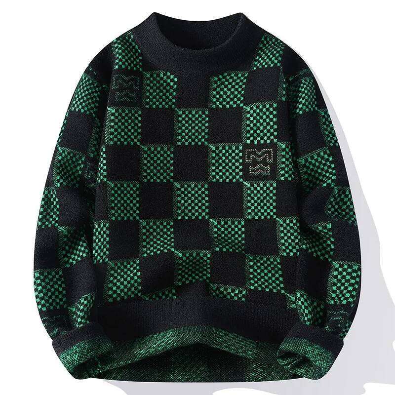 New Checkered Sweater American 2024 Trendy Men's Tops Classic Autumn Knitted Hoodie Fashionable Slimming Harajuku