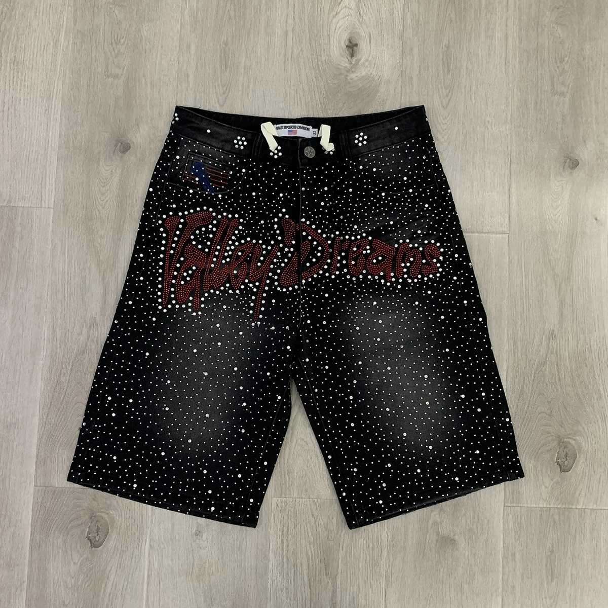 Full Rhinestone Shinning Black Baggy Jeans Shorts for Men Letter Embroidery Brilliant Diamond Loose Denim Knee Length Pants H251230