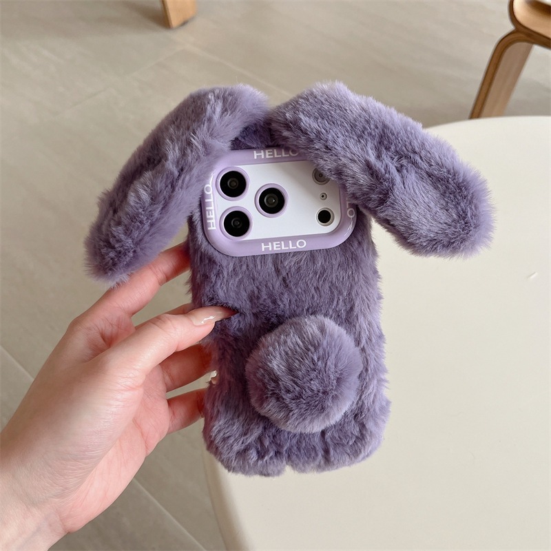 Autumn and Winter Plush Bunny Ears Compatible with iPhone 17 Pro Max Apple 16 Phone 15 Solid Color Hand Warmer Case 14