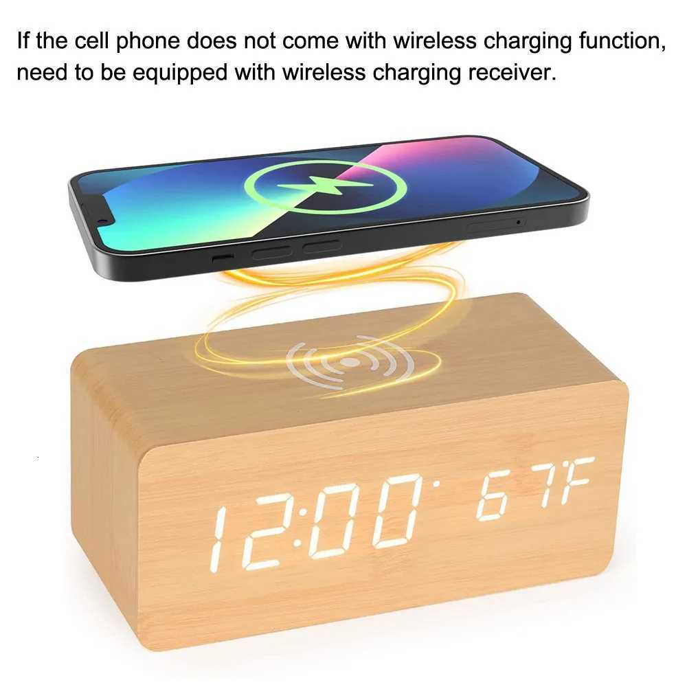 Wooden Desk Digital Clock Phone Chargers LED Display Temperature Wooden Digital Alarm Clock Wireless Charger Desk Table Clocks M251205 - view 5
