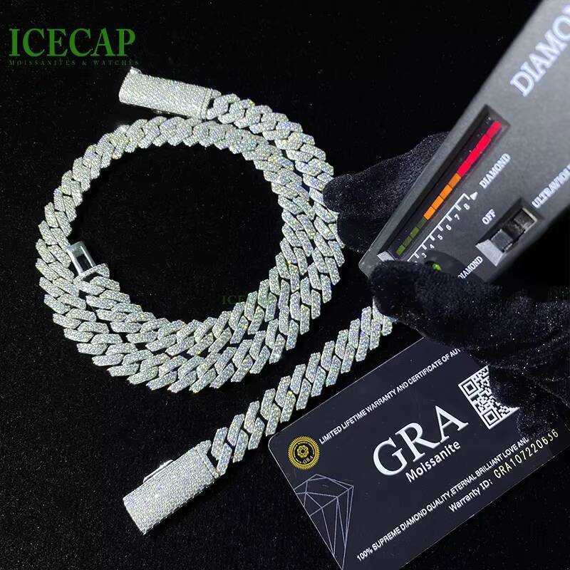 In Stock VVS Moissanite Diamond Brilliant Cut 925 Sterling Silver White Gold Plated Hip Hop 12mm Cuban Link Chain Necklace