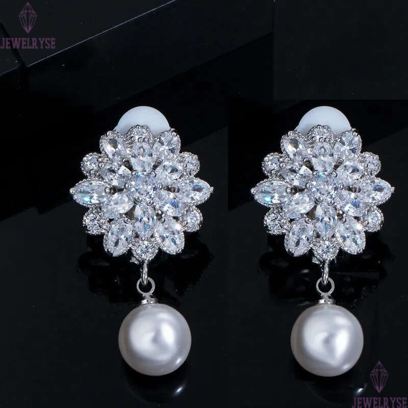 Luxury Clip on Screw Back Flower Earring Designer for Woman AAA Cubic Zirconia Diamond Silver Bridal Wedding Dangle Earrings Jewelry Elegant Female Ac