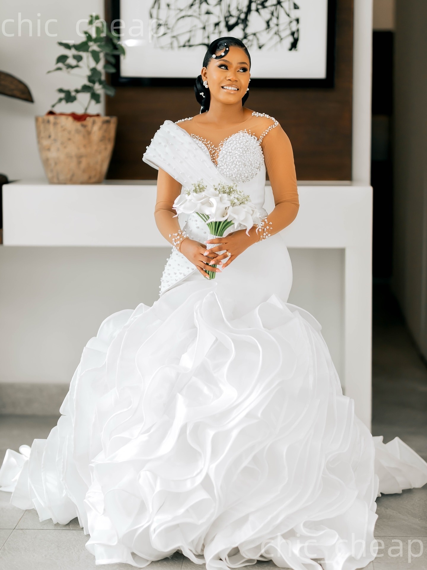 2026 Arabic Aso Ebi Plus Size White Wedding Dresses Sheer Neck Full Sleeves Pearls Organza Tiers Elegant Bridal Gowns Dress For Brides ZJ2055