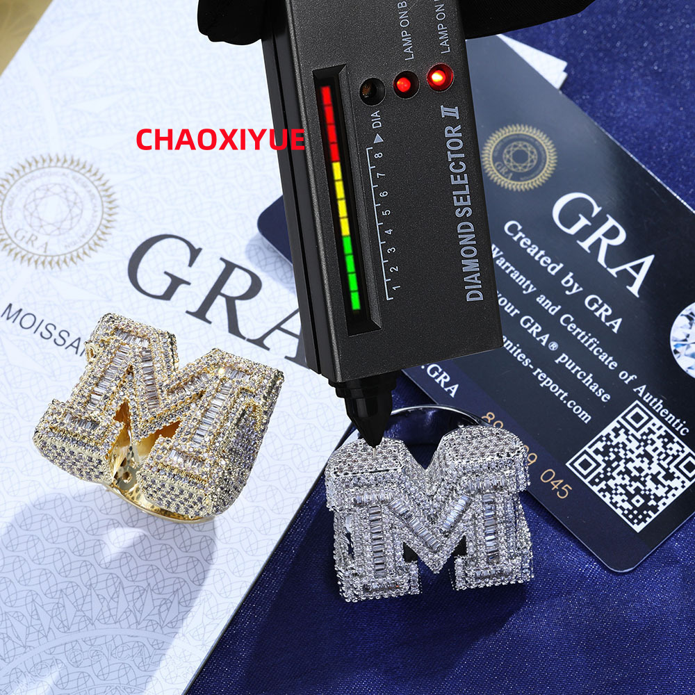 Custom Letter M Vvs Iced Out Baguette Moissanite Hip Hop Ring Pass Diamond Test 925 Silver 18K Gold Plated Fine Jewelry Ring Men