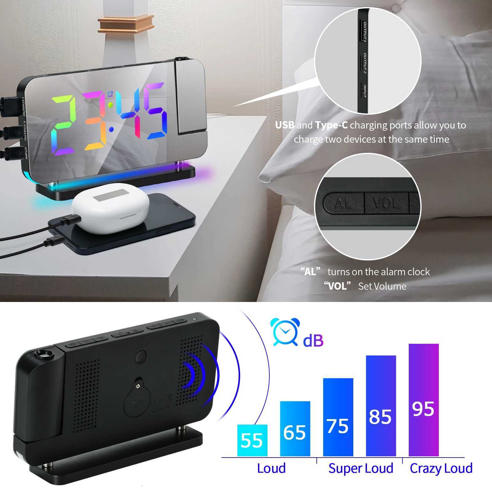 Projection Alarm Clock RGB Colorful LED Digital Clock with Mirror USB Charger Snooze Function 180 Degrees Projector on Ceiling M251205 - view 7