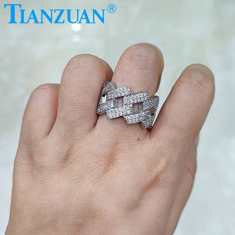 14mm Sterling 925 Silver Two Rows Solid Hip Hop Moissanite Ring Men Women Round Brilliant Diamonds Engagement Male Jewelry