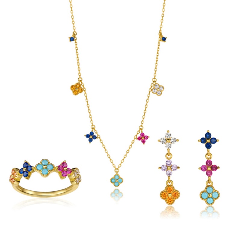 French Style Light Luxury Retro Exquisite Colorful Clover Ring Earring Necklace Dopamine Colored Treasure Niche Design Set