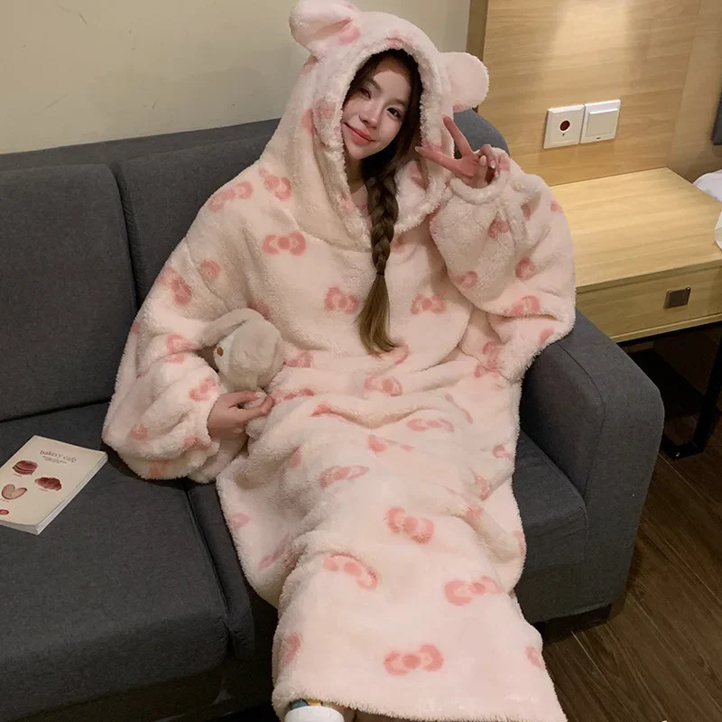 Thickened Coral Fleece Sleepwear Womens Winter Hat Hood Long Sleeve Plush Robe Velvet Dressing Gown Home Clothes Pyjamas 251129 - view 6