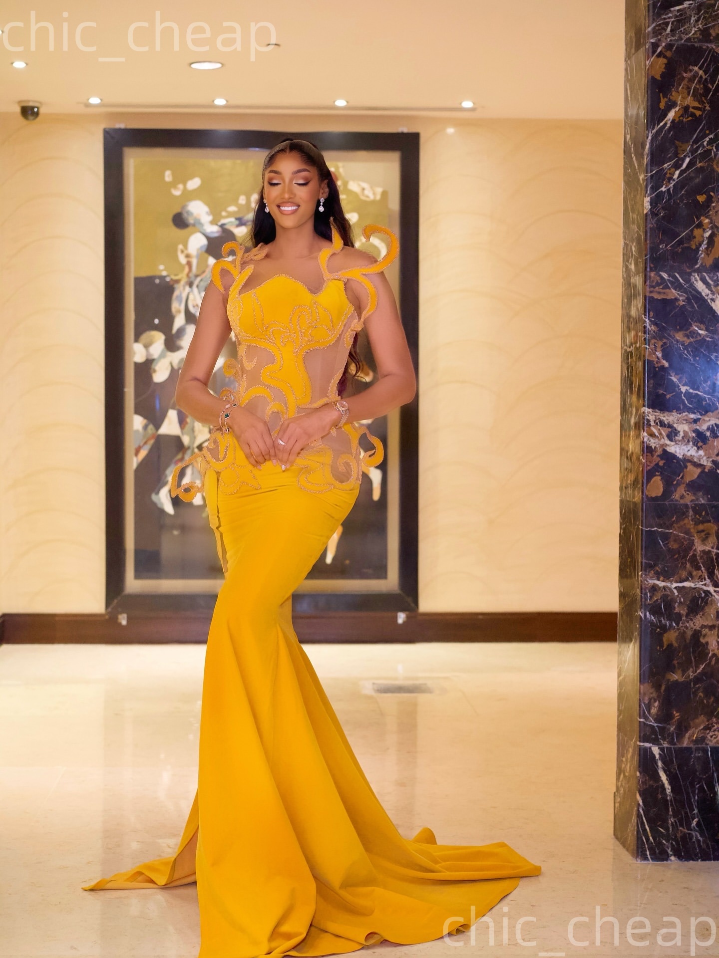 Aso Ebi Yellow Mermaid Prom Dresses 2026 Beaded Sheer Neck Stylish Satin Evening Formal Party Second Birthday Engagement Gowns Plus Size Dress For Spe