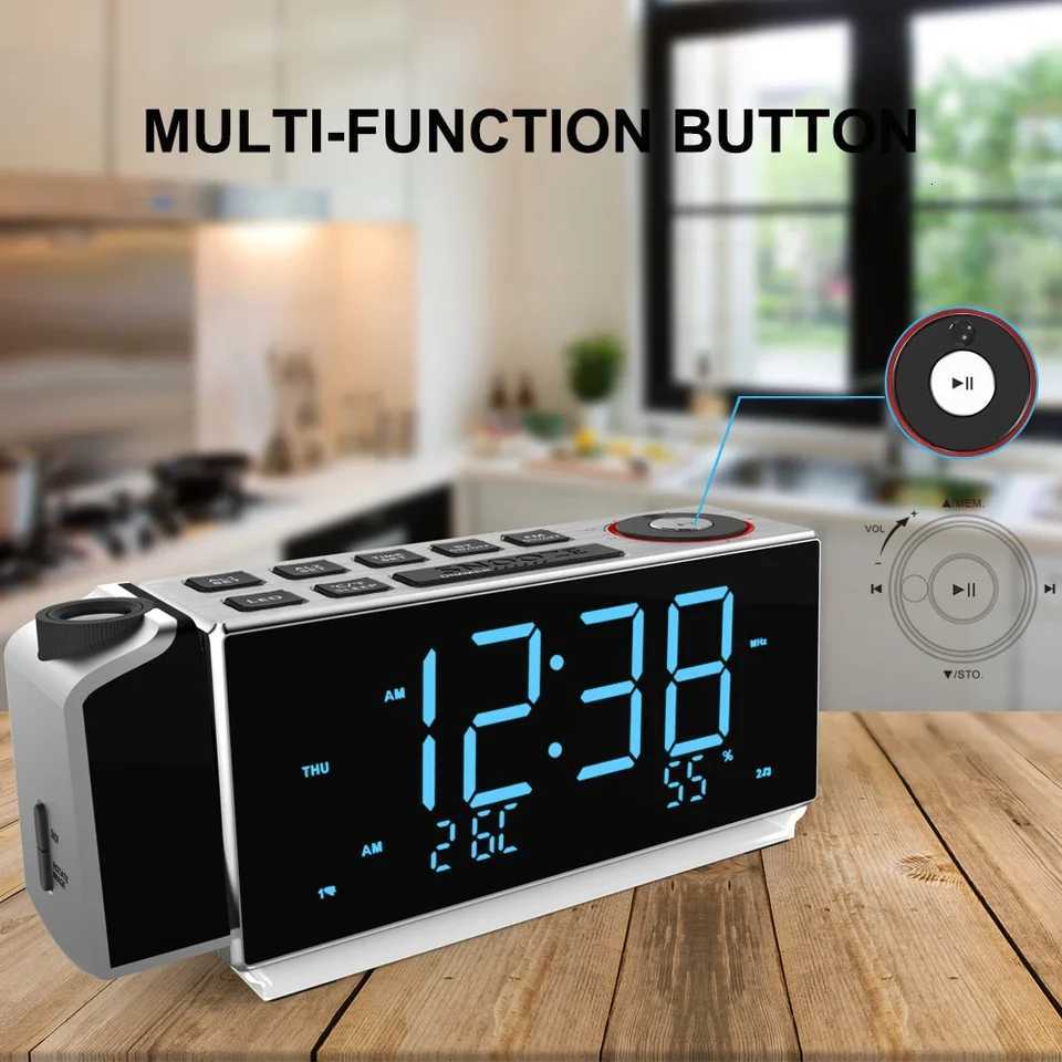 Projection Alarm Clock with FM Radio USB Charging 18 LED Display Night Light Dual Alarm Snooze Dimmer Control Bedside Clock M251205 - view 3