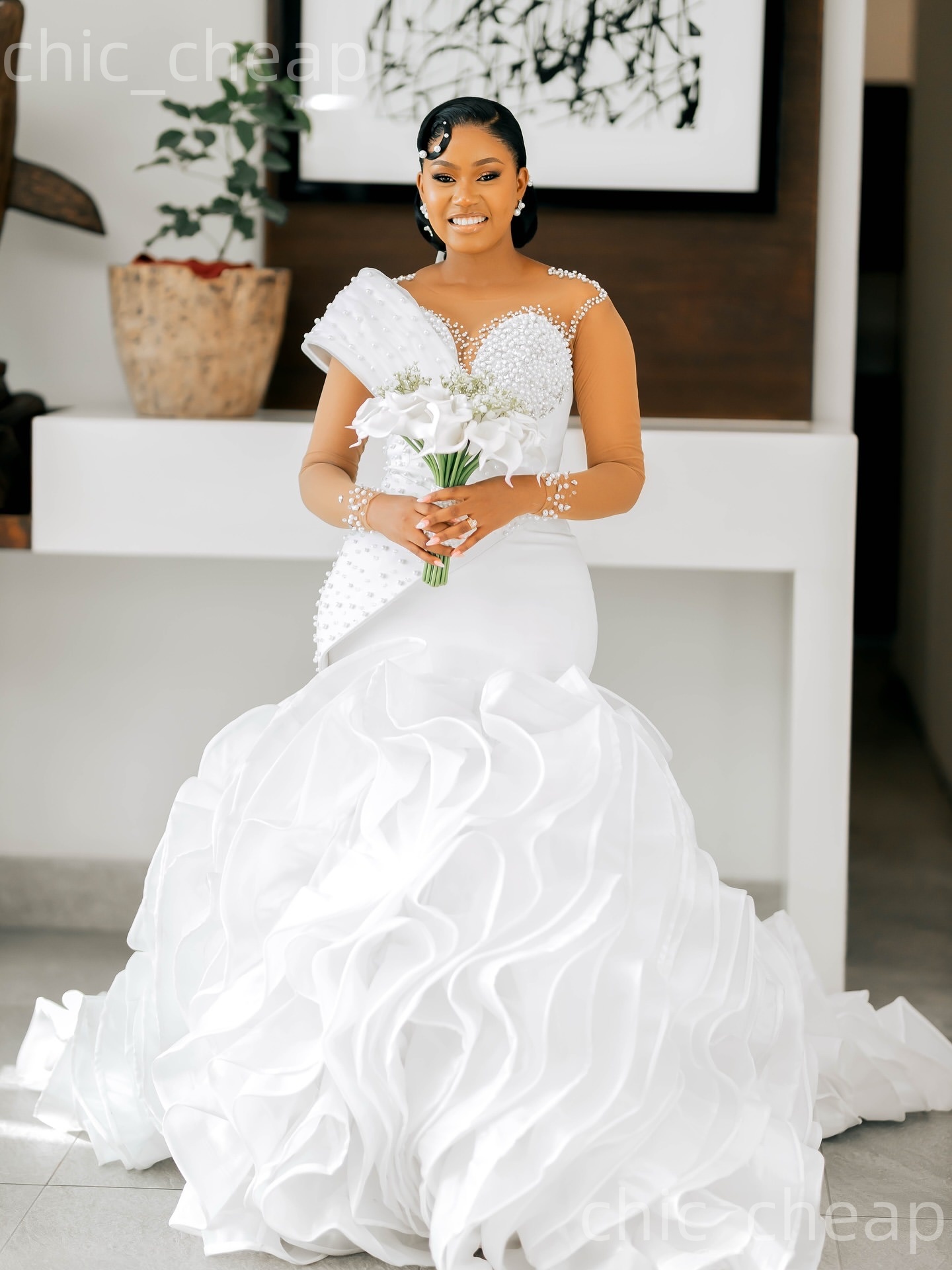 2026 Arabic Aso Ebi Plus Size White Wedding Dresses Sheer Neck Full Sleeves Pearls Organza Tiers Elegant Bridal Gowns Dress For Brides ZJ2055