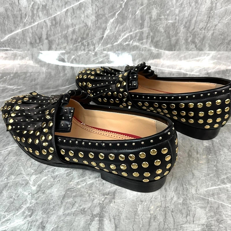 Handmade Rivet Tassel Dress Shoes Man Pointed Toe Black Real Cow Leather Slip On Flats Male Party Shoes 251204