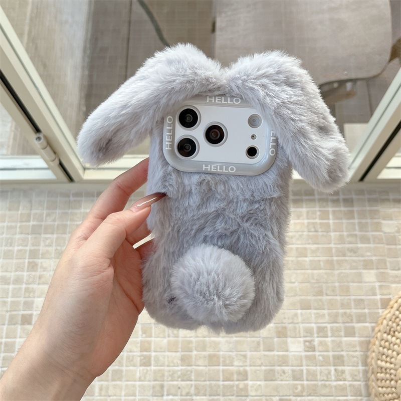 Autumn and Winter Plush Bunny Ears Compatible with iPhone 17 Pro Max Apple 16 Phone 15 Solid Color Hand Warmer Case 14