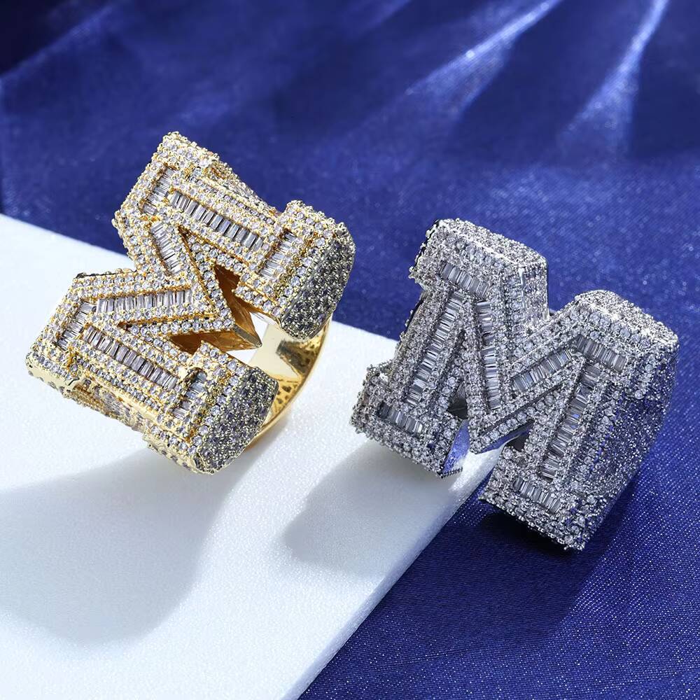 Custom Letter M Vvs Iced Out Baguette Moissanite Hip Hop Ring Pass Diamond Test 925 Silver 18K Gold Plated Fine Jewelry Ring Men