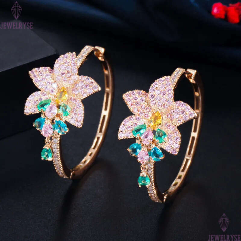 Fashion Hoop Crystal AAA Cubic Zirconia Flowers Designer Earrings Copper Colorful CZ Circle Earring Gold Jewelry Valentines Day For Women Party Gift
