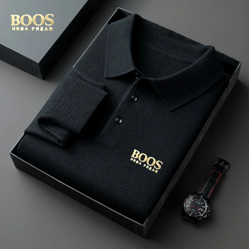 BOOS HRDAFREAR autumn and winter wool collar long sleeved mens knitted polo shirt solid color middle-aged base sweatermen c 251204