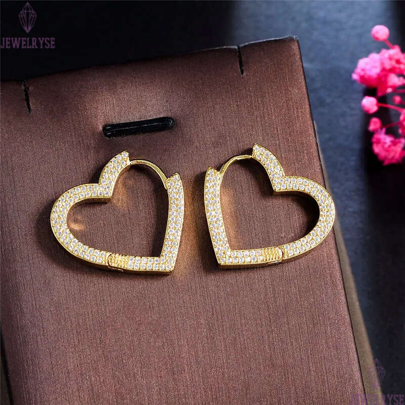 Cute Luxury Heart Designer Hoop Earrings for Women Girls White Blue AAA Cubic Zirconia 14K Gold Plated Copper Earring Party Valentines Day Girlfriend 