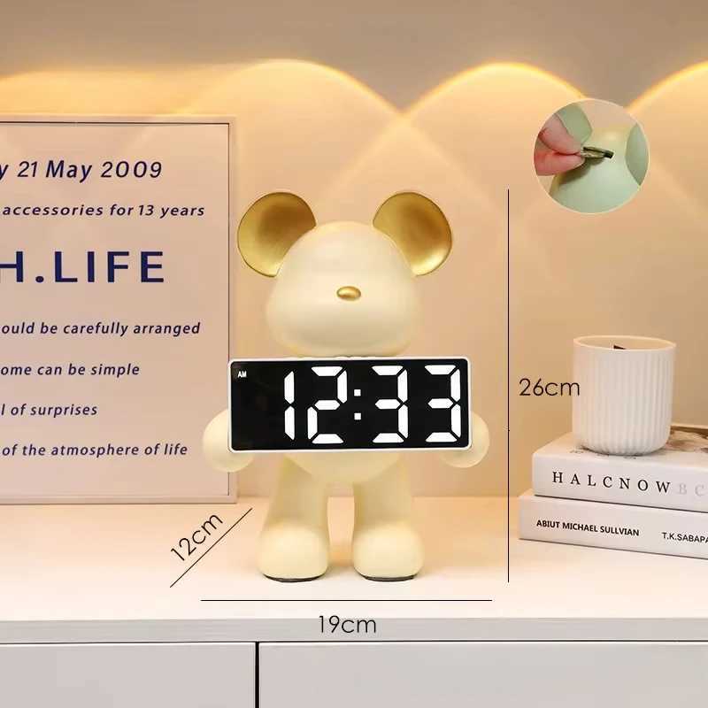 Creative Resin Miniature Bear Clock Figurines Table Ornament Bear Animal Model LED Alarm Battery/Plug-in Use for Home Decor M251205 - view 4