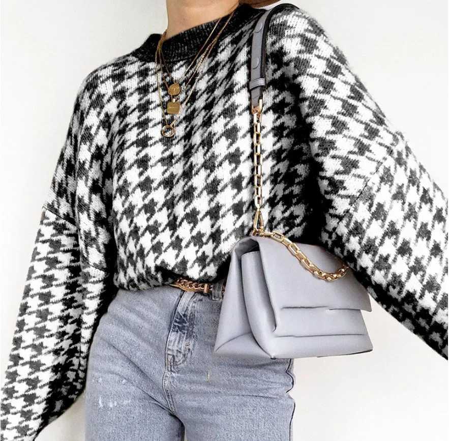 Women Geometric Khaki Knitted Sweater Women Casual Houndstooth Lady Pullover Sweater Female Autumn Winter Retro Jumper J251205