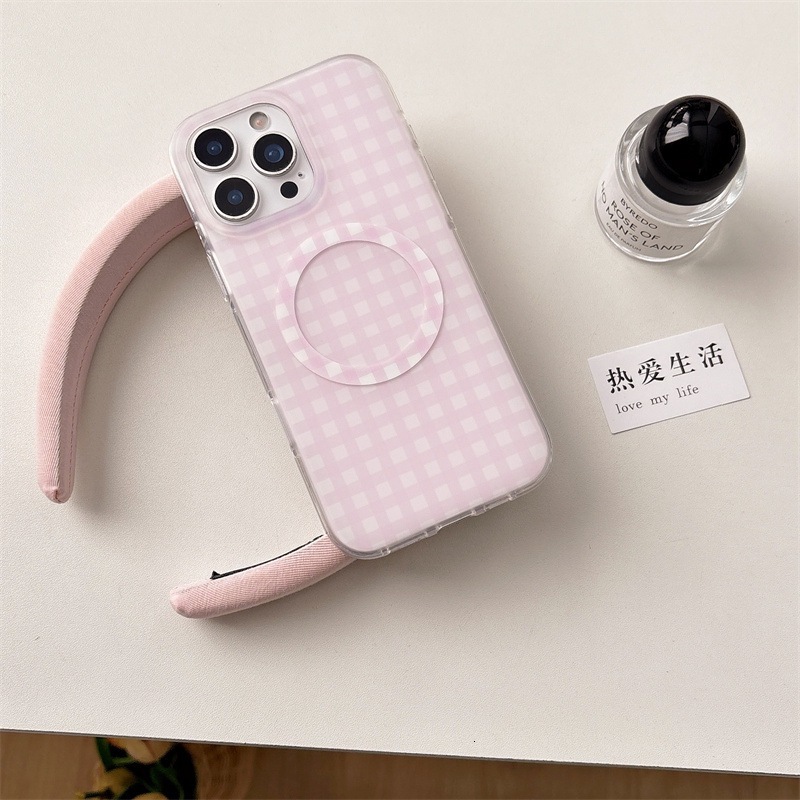 Korean Style Magnetic Solid Color Plaid iPhone 17 Apple 16 Pro Max Phone Case for Women 15/14 Rounded Edges