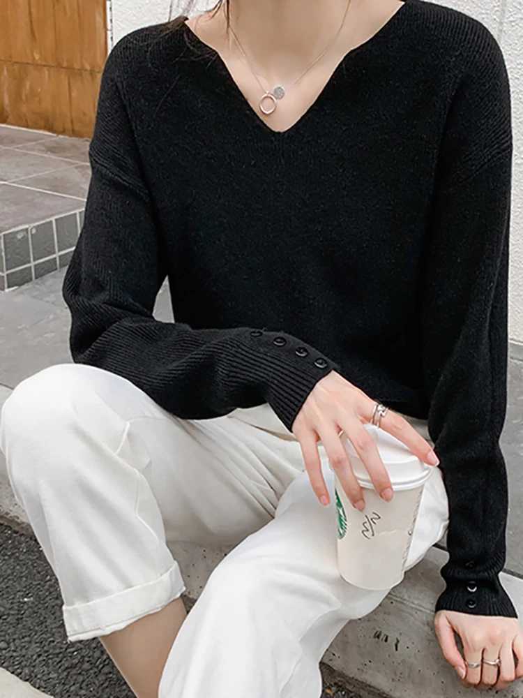 2025 Autumn Winter V Neck Sweater Pullovers Women Loose Button Pullover Women Soft Sweater Jumper Fashion Tops J251205