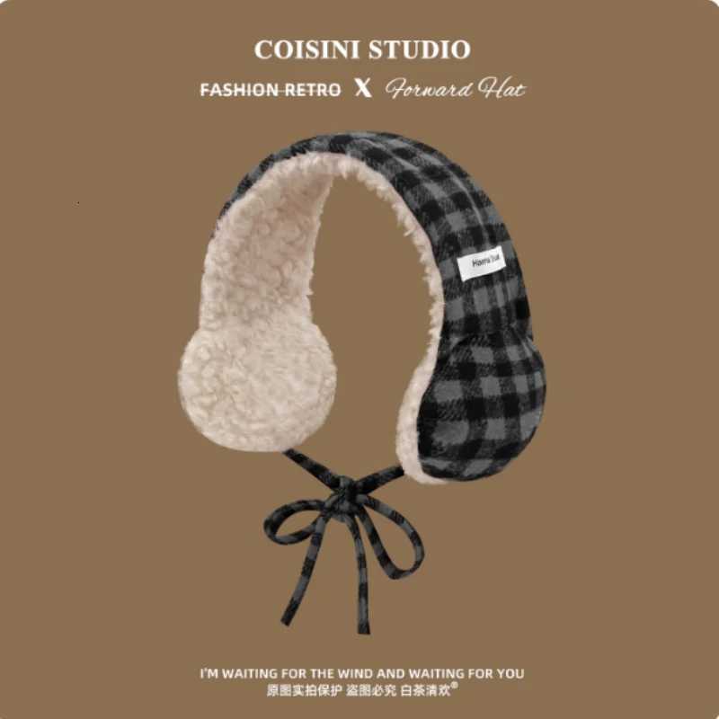 Korean Color-blocked Plaid Plush Earmuffs Womens Winter Fashion Literary Art Thickened Cycling Ear Protection Lace-up HeadbandXJ251205 - view 6